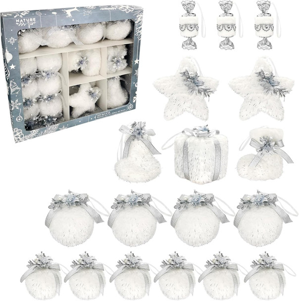 Nature Vibe Set of 18 Faux Fur White Christmas Ornaments in Box,Christmas Balls and Hanging Stars with Silver Accent as Christmas Tree Decorations or Winter Wonderland Decorations