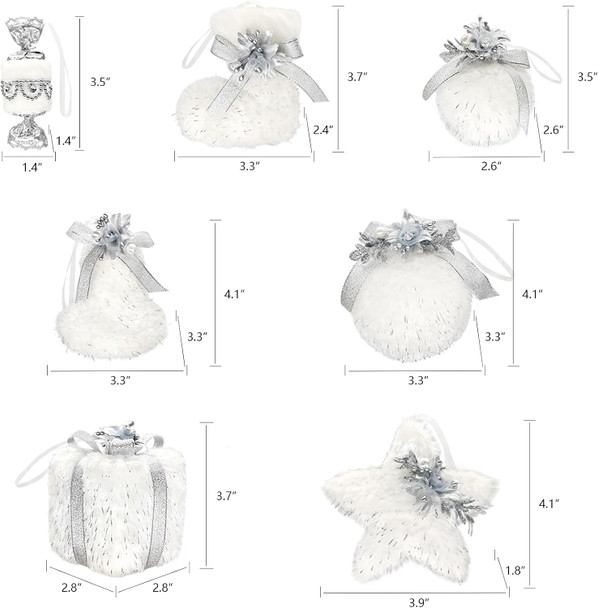 Nature Vibe Set of 18 Faux Fur White Christmas Ornaments in Box,Christmas Balls and Hanging Stars with Silver Accent as Christmas Tree Decorations or Winter Wonderland Decorations