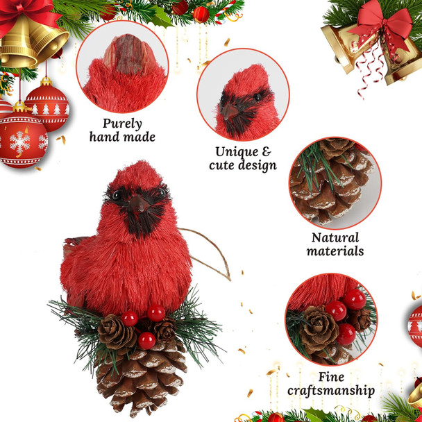 Nature Vibe Sisal Cardinal Christmas Ornaments Set of 6,Natural Red Bird Ornaments for Christmas Tree Decorations,Realistic Woodland Animals Figurines as Rustic Christmas Decor
