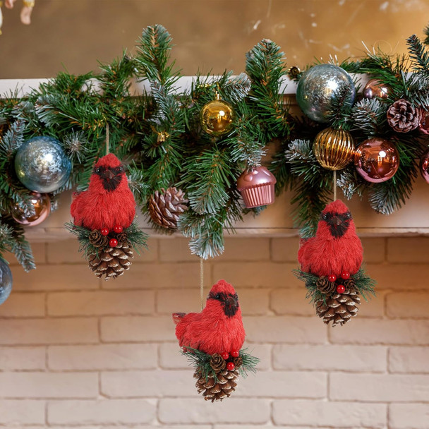 Nature Vibe Sisal Cardinal Christmas Ornaments Set of 6,Natural Red Bird Ornaments for Christmas Tree Decorations,Realistic Woodland Animals Figurines as Rustic Christmas Decor