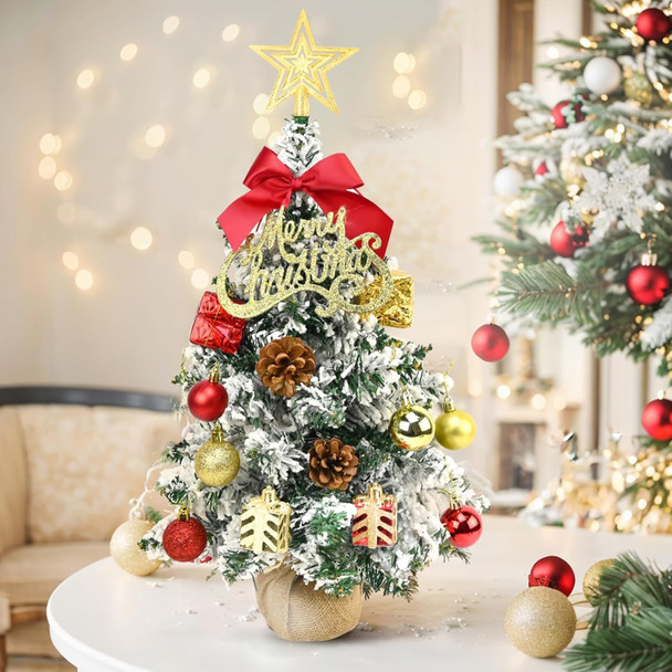 24 Inch Snowy Mini Christmas Tree with LED Lights, Small Xmas Tabletop Tree with Christmas Ornaments, Artificial Desktop Xmas Tree with Cloth Bag Base, Best DIY Christmas Holiday Party Decorations