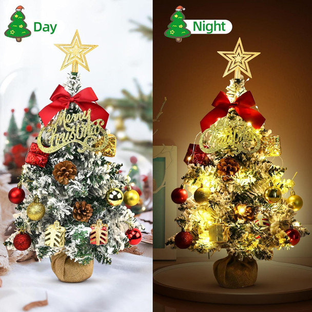 24 Inch Snowy Mini Christmas Tree with LED Lights, Small Xmas Tabletop Tree with Christmas Ornaments, Artificial Desktop Xmas Tree with Cloth Bag Base, Best DIY Christmas Holiday Party Decorations
