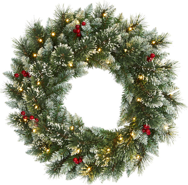 Nearly Natural 24in. Frosted Swiss Pine Artificial Wreath with 35 Clear LED Lights and Berries, Green, 5x24x24