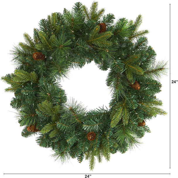 Nearly Natural 24in. Mixed Pine Artificial Christmas Wreath with 35 Clear LED Lights and Pinecones