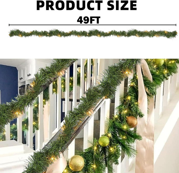 NEROSUN 50 FT Christmas Green Garland, 150 LED Pre-lit Lights Lighted Artificial Pine Garlands, for Indoor Outdoor Gate Home Winter Holiday Christmas Decorations