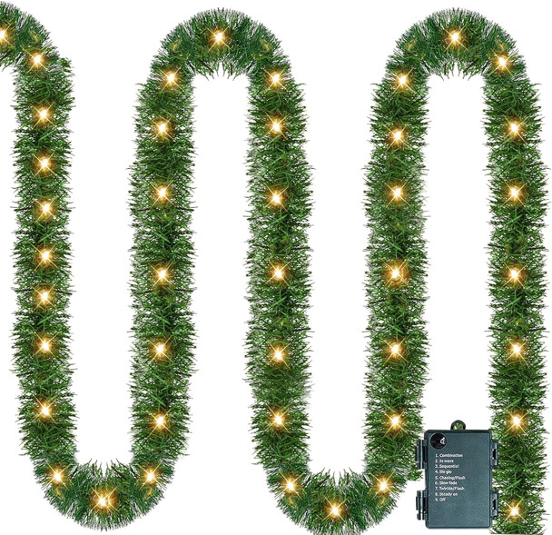 Nerosun 14.8 FT Artificial Christmas Garland, 50 Pre-Lit LED Mini String Lights Battery Operated Xmas Garland for Home Stair Railing Indoor Wedding Party Christmas Ornament Decorations (Warm White)