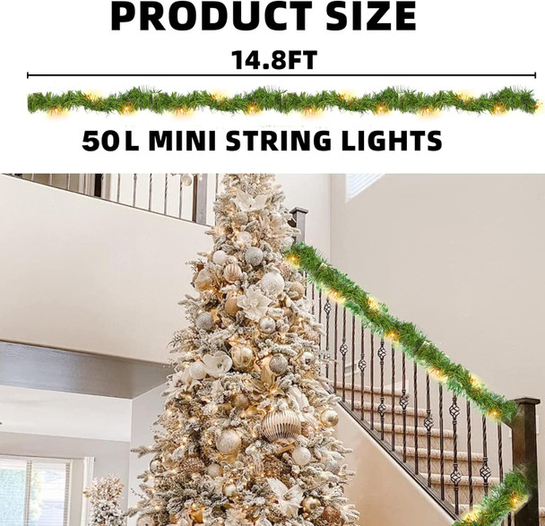 Nerosun 14.8 FT Artificial Christmas Garland, 50 Pre-Lit LED Mini String Lights Battery Operated Xmas Garland for Home Stair Railing Indoor Wedding Party Christmas Ornament Decorations (Warm White)
