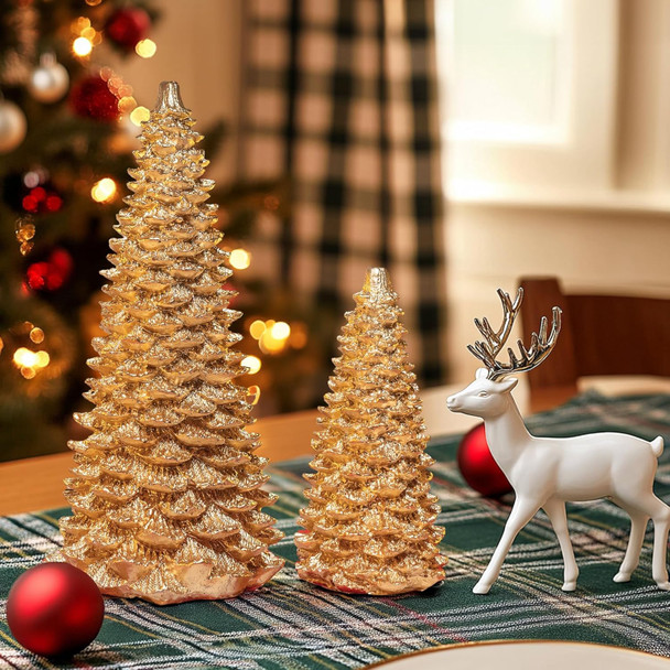 NEROSUN Gold Christmas Tree Figurine, Set of 2 Resin Christmas Tree Table Decorations, Christmas Mini Tree Ornaments Table Centerpiece for Indoor Cabinet Mantel Fireplace Holiday Xmas Decor