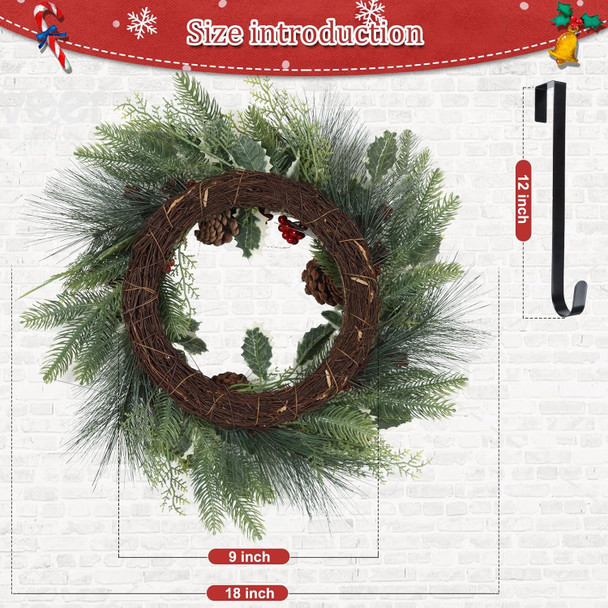 Christmas Wreath, Xmas Wreath for Front Door with Hanger, Farmhouse Rattan Base Christmas Decor with Red Berry Pine Cone Spruce, Artificial Wreath Christmas Decorations for Indoor Outdoor Use, 18 Inch