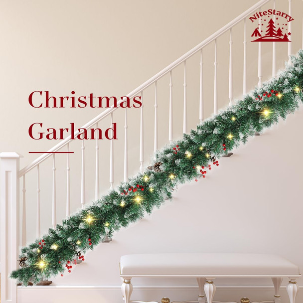 9FT Prelit Christmas Garland with Lights, Battery Operated Lighted Garland with Pine Cones &Red Berries, Snowy Christmas Garland for Mantle, Fireplace Indoor &Outdoor
