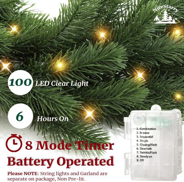 2 Pcs Battery Operated Christmas Garland, 6 FT Greenery Garland with 100 LED Lights String Christmas Decorated Table Mantle Background Wall Room Outdoor Indoor Winter Decoration