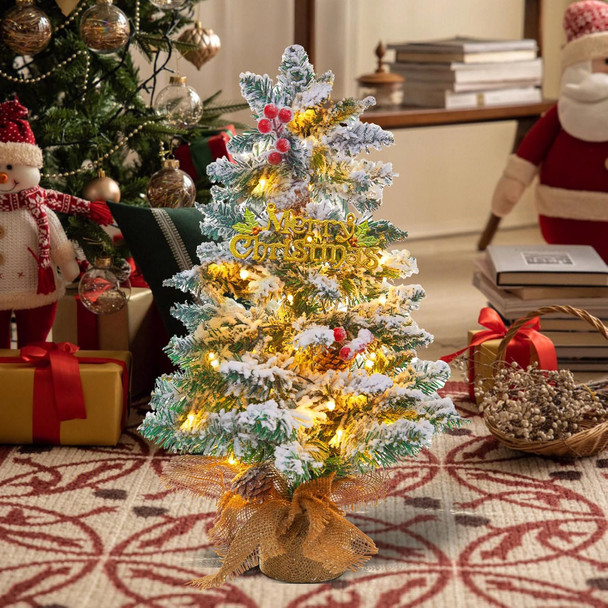 Small Mini Table top Christmas Tree with 50 LED Lights 24 Inch /2FT Little Prelit Christmas Tree Decorated Boxes and Hanging Ornaments for DIY Christmas Decoration (Flocked)