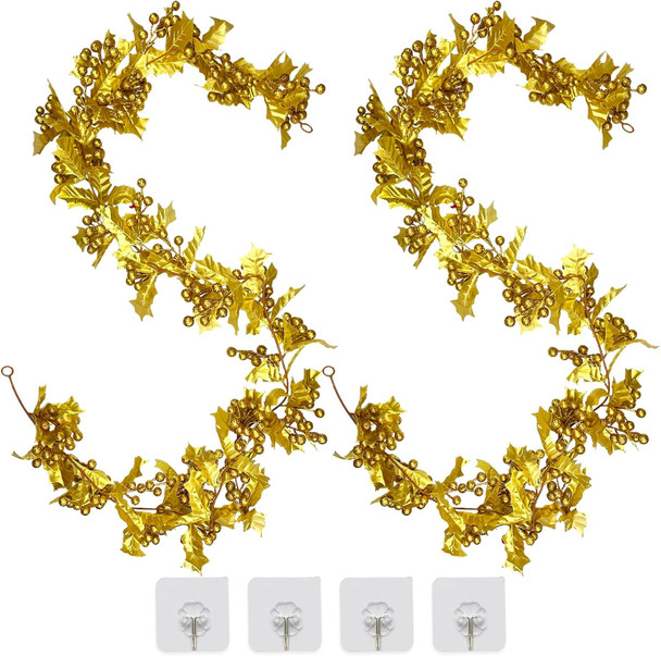 2 Pack Christmas Garland Decorations, 11Ft Holly Leaves with Golden Berry Garland for Christmas Tree Staircase Mantle Indoor Outdoor Holiday Decoration (Golden Yellow)