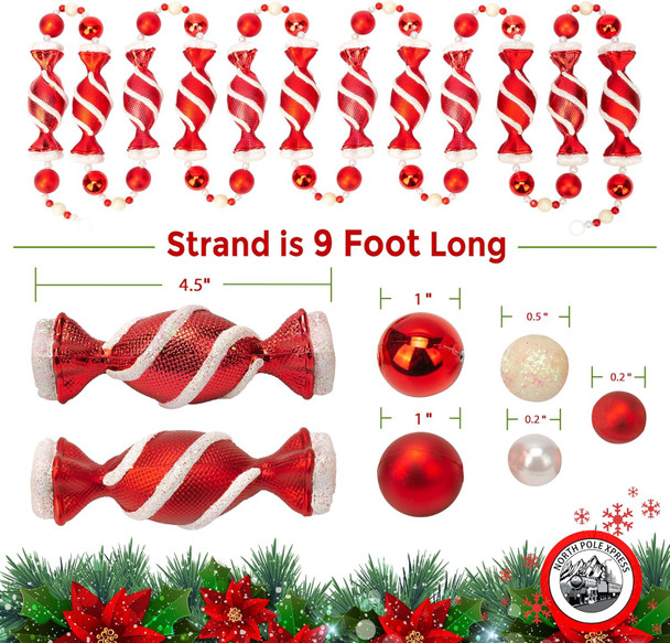 9 Foot Red & White Candy Peppermint Bead Christmas Garland Large Shatterproof Glitter Beaded Christmas Tree Garland for Retro Vintage Candy Trees Garland Christmas Decorations for Indoor Use