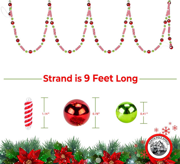 9 Foot Plastic Candy Bead Peppermint Ball Christmas Garland Shinny Colorful Christmas Tree Garland Perfect for Retro Candy Land Theme Trees Garland Christmas Decorations for Indoor Use
