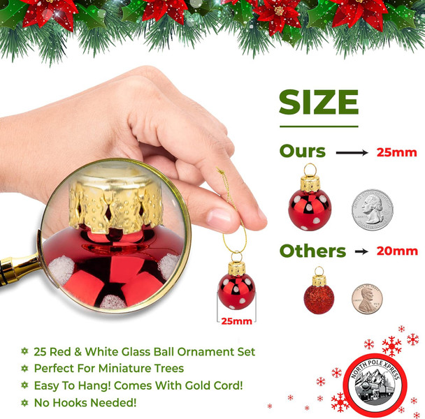 1 Inch Mini Red & White Peppermint Glass Ball Christmas Ornaments Set of 25 Balls Miniature Christmas Tree Ornaments Rustic Christmas Decorations Mini Christmas Tree Decorations for Small Trees