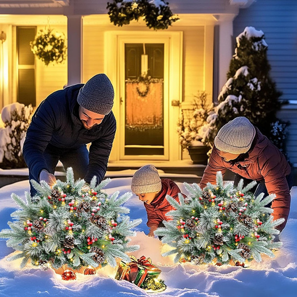 Noverlife 2 Packs Christmas Tree Frosted Urn Filler, 26 Inches Pre-lit Snowy Xmas Pine Tree Planter Pots Filler with Cones & Berries, Outdoor Artificial Tree with 50 LED Lights (Not Included Planter)