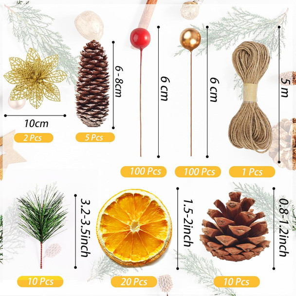 247Pcs Christmas Pine Cones Bulk Berry Pine Branch Set, Wiht Dried Orange Slices for DIY Crafts Home Decorations Xmas Tree Tag