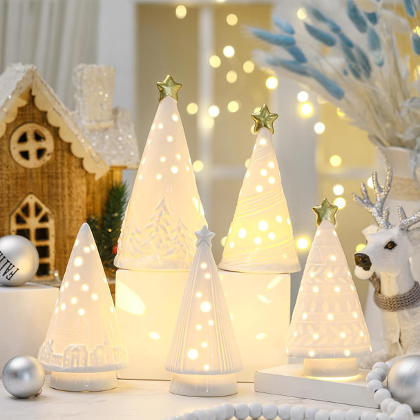 Nuenen 8 Pcs Lighted Ceramic Christmas Tree LED White Decorations Christmas Tree with Lights Winter Porcelain Christmas Village Sets for Tabletop Shelf Mantle Cabinets Office Desktop Decor