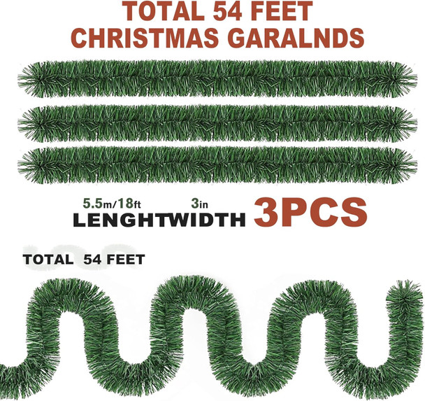 54 Feet Christmas Garland - 3 Stands Artificial Evergreen Garland Soft Greenery Garland Set for DIY Christmas Decoration, Non-Lit Indoor Outdoor Garlands for Stair Railing/Mantle/Holiday/Party Decor
