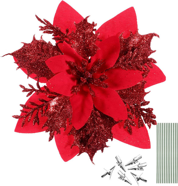 NUOBESTY 12 Pieces Christmas Glitter Poinsettia Flowers Christmas Tree Ornaments Artificial Flowers for Christmas Tree Decoraiton with Stems and Clips (Red)