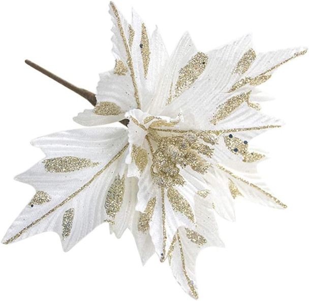 6pcs Silk Poinsettias Artificial Christmas Flowers Glitter Poinsettia Christmas Tree Ornaments Artificial Wedding Christmas Tree Flower Wreath Decorations Picks White