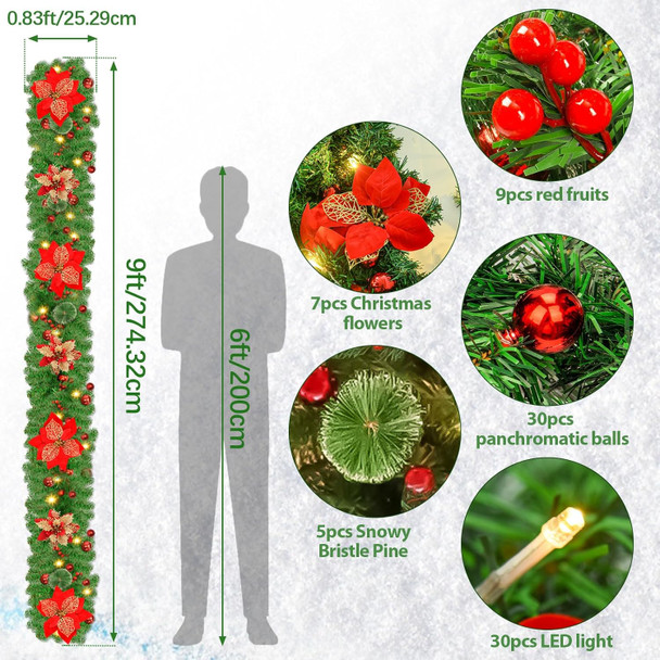 9FT Prelit Artificial Christmas Garland with Lights: Greenery Garland Decoration with 30 Warm LED Lights - Xmas Garland for Office Fireplace Mantle - Christmas's Day Indoor Outdoor Holiday Decor
