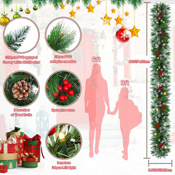 9FT Prelit Christmas Garland with Lights Decorations: Artificial Greenery Garland Battery Operated for Fireplace Mantle Stairs Windows Xmas Decorations, Indoor Outdoor Holiday Garland Decor (Garland1)