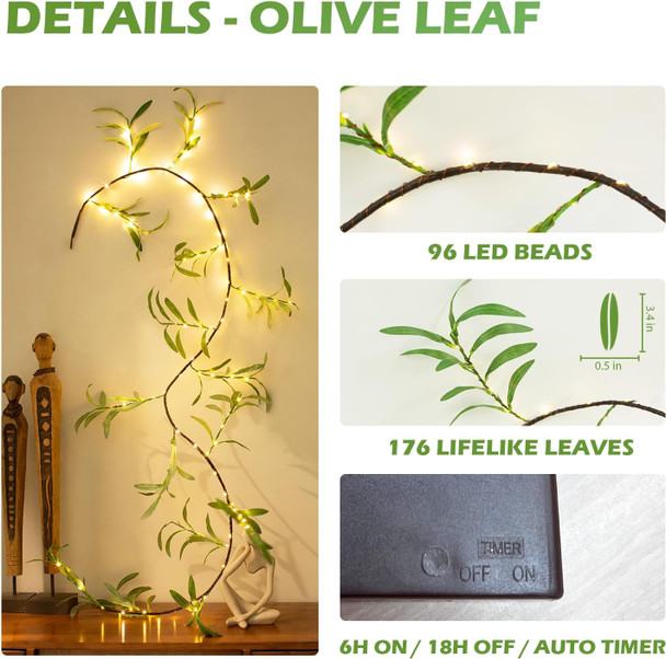 8.2Ft Artificial Olive Garland with Timer, 96 LED Battery Operated Garland Lights for Indoor Outdoor Home Decor Christmas Thanksgiving Spring/Summer Weeding Backdrop Holiday Decorations