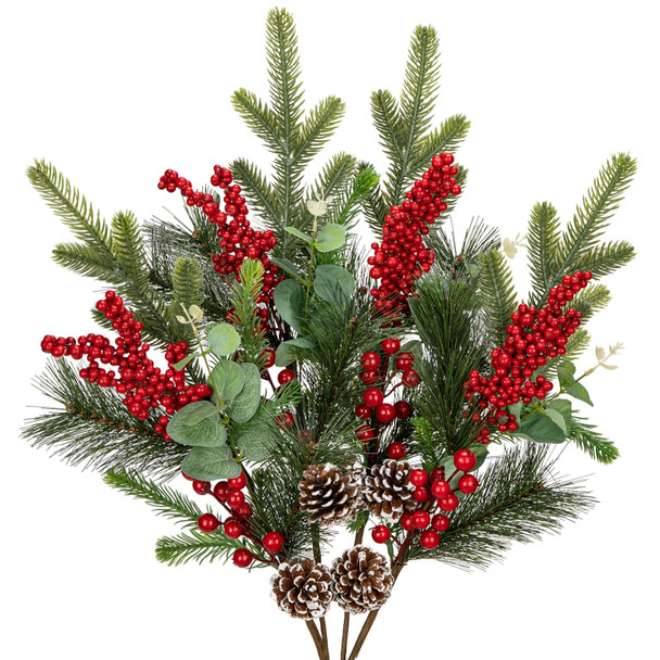 4 Pcs Christmas Artificial Pine Branches 28.3 inch Norfolk Pine Stems Christmas Greenery Picks with Red Berries Pine Needles Picks Spray Christmas Tree Branches for Xmas Vase DIY Craft Holiday Decor