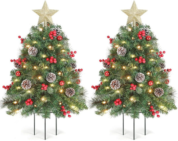 33 inch Christmas Trees with LED Lights 2 Pack, Outdoor Prelit Christmas Trees, Small Artificial Christmas Tree with Ornaments for Porch, Driveway, Yard, Garden