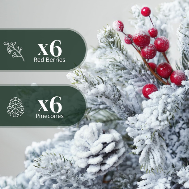 20 inch Mini Flocked Christmas Tree, Pre Lit Artificial Christmas Tree Snow Flocked Christmas Tree with Red Berries and Pinecones DIY Decorations Tabletop Christmas Tree