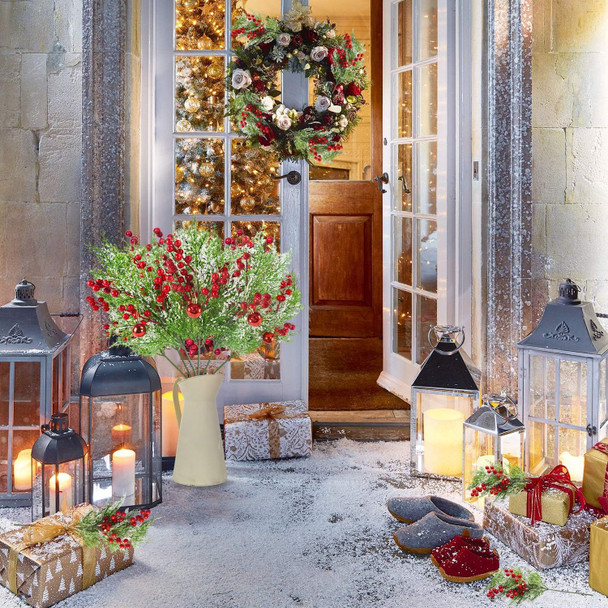 12pcs Snowy Artificial Cedar Picks, 19.5" Frosted Faux Cedar Spray Branches with Berries & Ring Bell Plastic Christmas Cypress Greenery Pine Stems for DIY Garland Christmas Tree Holiday Decor