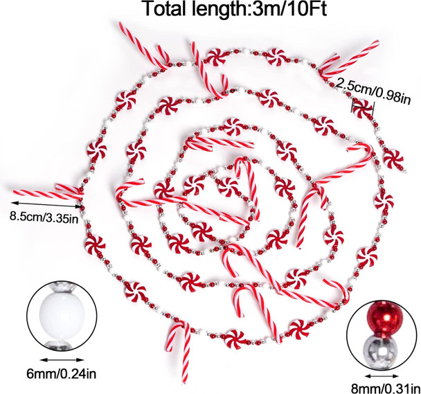 obmwang 10 Feet Christmas Candy Cane Garland Christmas Candy Swirl Garland Red and White Candy Peppermint Bead Garland Christmas Tree Decorations for Xmas Party Supplies Holiday Favors