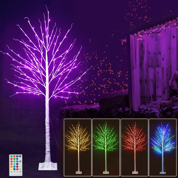 7 FT Colorful Birch Tree with Lights for Christmas, 150 LED Colors Changing Light Up White Tree, Prelit Birch Tree with Remote Outside Artificial Branches for Halloween Holiday Party Home Garden Decor