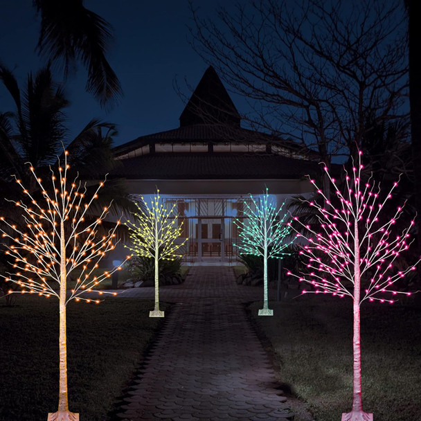 7 FT Colorful Birch Tree with Lights for Christmas, 150 LED Colors Changing Light Up White Tree, Prelit Birch Tree with Remote Outside Artificial Branches for Halloween Holiday Party Home Garden Decor