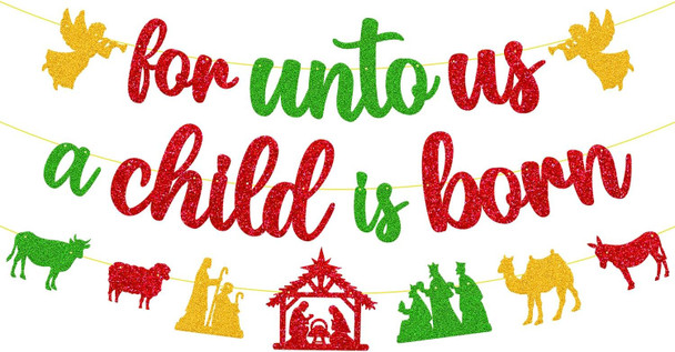 Merry Christmas Decoration For Unto Us A Child is Born Sign Banner Nativity Garland Decor Let Jesus Light Yours Way God Xmas Bible Religious Holiday Year theme Party Event Anniversary Celebration