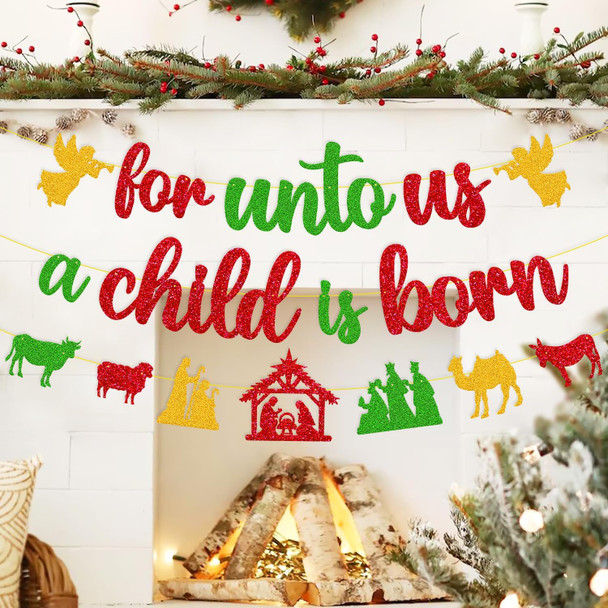 Merry Christmas Decoration For Unto Us A Child is Born Sign Banner Nativity Garland Decor Let Jesus Light Yours Way God Xmas Bible Religious Holiday Year theme Party Event Anniversary Celebration