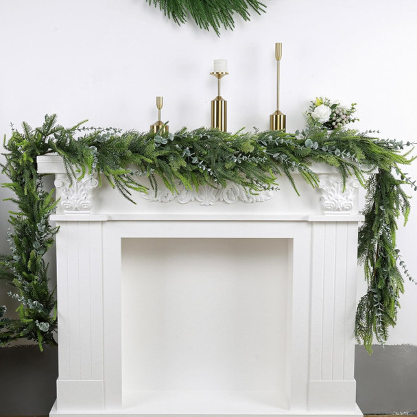 9FT Christmas Garland, Eucalyptus Garland Cedar Garland Faux Pine Handmade Cypress Garland for Mantle Stairs Wall Table Indoor Outdoor Christmas Decor Xmas Decorations
