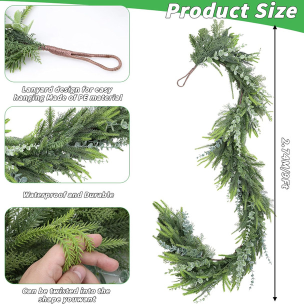9FT Christmas Garland, Eucalyptus Garland Cedar Garland Faux Pine Handmade Cypress Garland for Mantle Stairs Wall Table Indoor Outdoor Christmas Decor Xmas Decorations