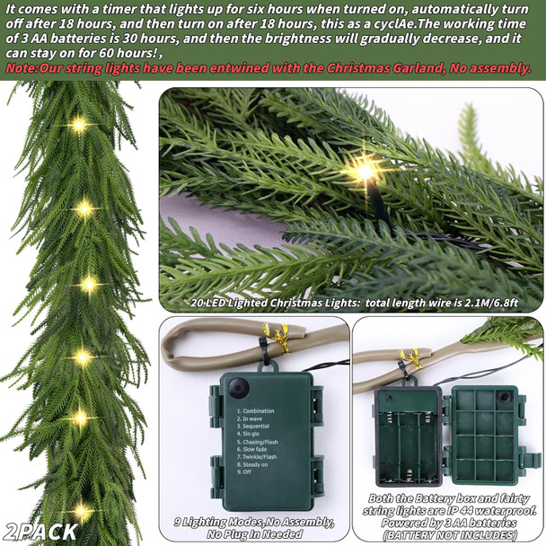 Pre-Lit Christmas Garland Decorations,72 FT Faux Led Norfolk Pine Garland Artificial Realistic, Real Touch Greenery Christmas Pine Garland for Mantle Table Front Door Indoor Outdoor Holiday Decor