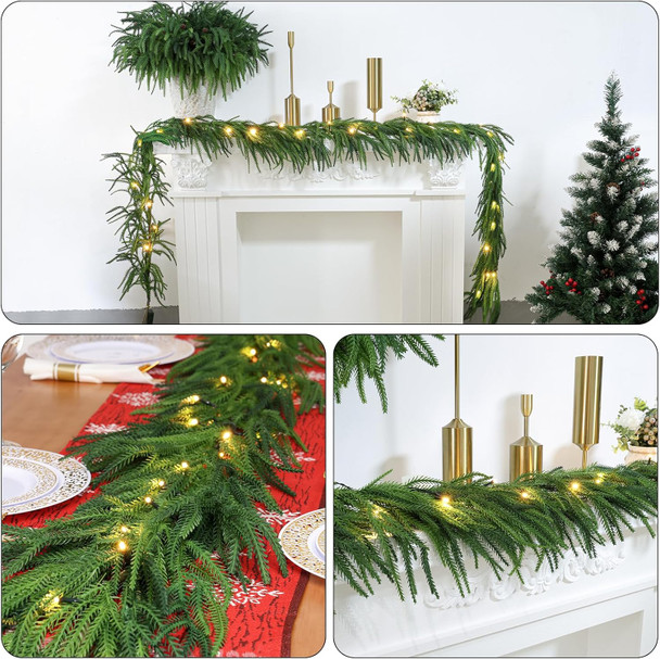 Pre-Lit Christmas Garland Decorations,72 FT Faux Led Norfolk Pine Garland Artificial Realistic, Real Touch Greenery Christmas Pine Garland for Mantle Table Front Door Indoor Outdoor Holiday Decor