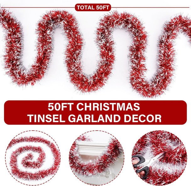50FT Christmas Decorations Tinsel Garland Red Tinsel Garland Christmas Tinsel Garlands Tinsel Twist Garland for Indoor for Xmas Tree Holiday Disco Party Christmas Decor
