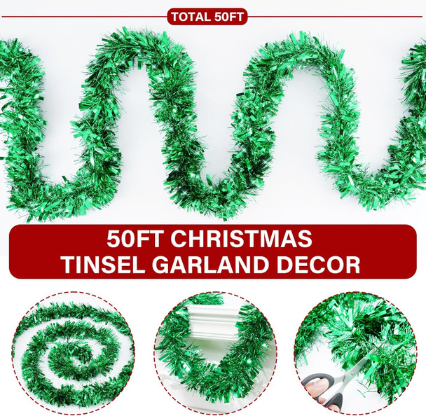 50FT Christmas Tinsel Garland, Green Christmas GarlandTinsel Garlands Christmas Tinsel Ribbon Garlands Tinsel Twist Garland for Indoor for Xmas Tree Holiday Disco Party Christmas Decor