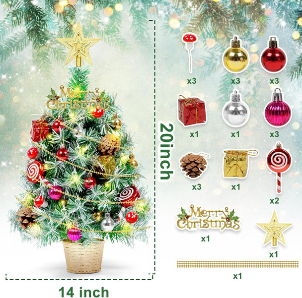 Tabletop Small Xmas Trees, 20" Prelit Mini Christmas Trees with Lights,Battery Operated Artificial Trees with Ball Ornaments,Xmas Lighted Decorations for Home Kitchen Dining