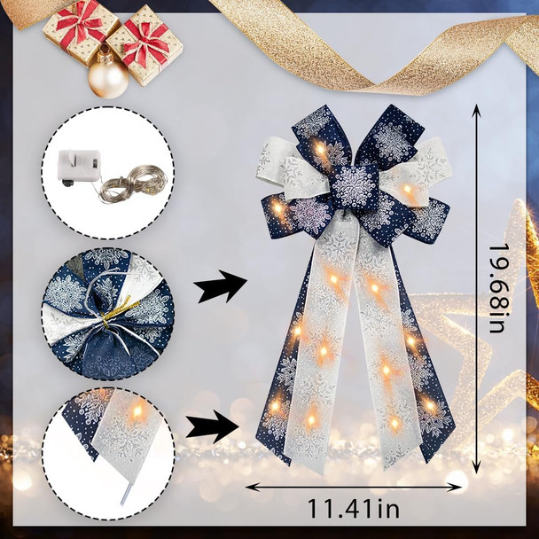 Large Christmas Wreath Bows with Mini LED Strip Christmas Navy Blue Snowflake Ribbon Bows for Wreath, Tree Topper Bows for Xmas Year Home Indoor Outdoor Party Decoration Wreath Ornament Supplies
