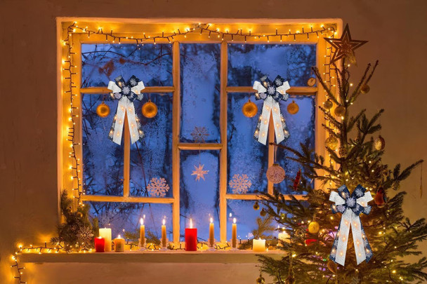 Large Christmas Wreath Bows with Mini LED Strip Christmas Navy Blue Snowflake Ribbon Bows for Wreath, Tree Topper Bows for Xmas Year Home Indoor Outdoor Party Decoration Wreath Ornament Supplies