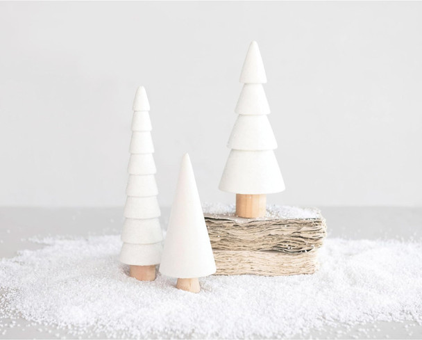 One Holiday Way 7-Inch Set of 3 Decorative Flocked White Velvet Wood Christmas Tree Figurines w/Glitter - Xmas Party Tabletop Mantel Shelf Sitter Decoration - Winter Wedding Decorations Home Decor