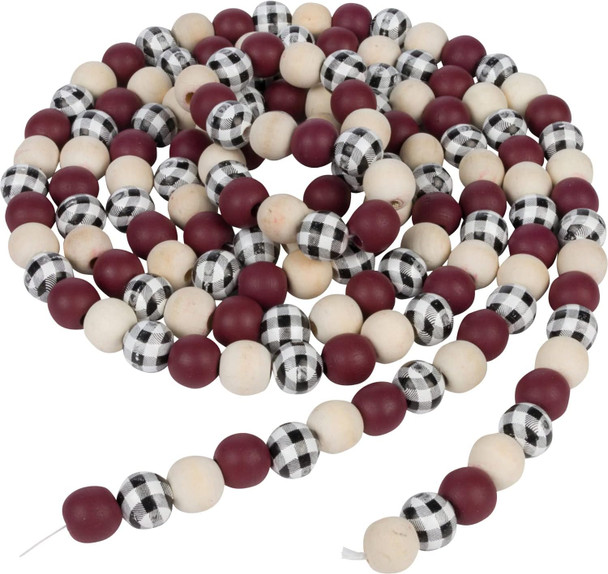 One Holiday Way 9-Foot Rustic Red, Unfinished and Buffalo Plaid Wood Bead Garland Christmas Tree Decoration - Decorative Vintage Wooden Beads for Everyday Chic Winter Farmhouse Xmas Party Home Decor