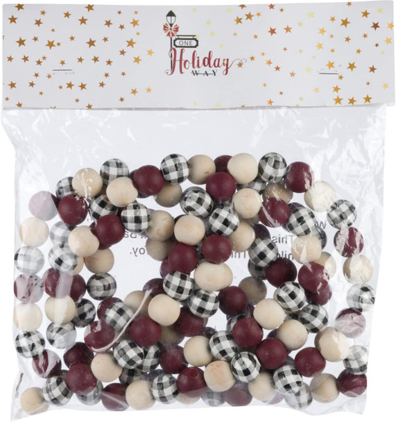 One Holiday Way 9-Foot Rustic Red, Unfinished and Buffalo Plaid Wood Bead Garland Christmas Tree Decoration - Decorative Vintage Wooden Beads for Everyday Chic Winter Farmhouse Xmas Party Home Decor